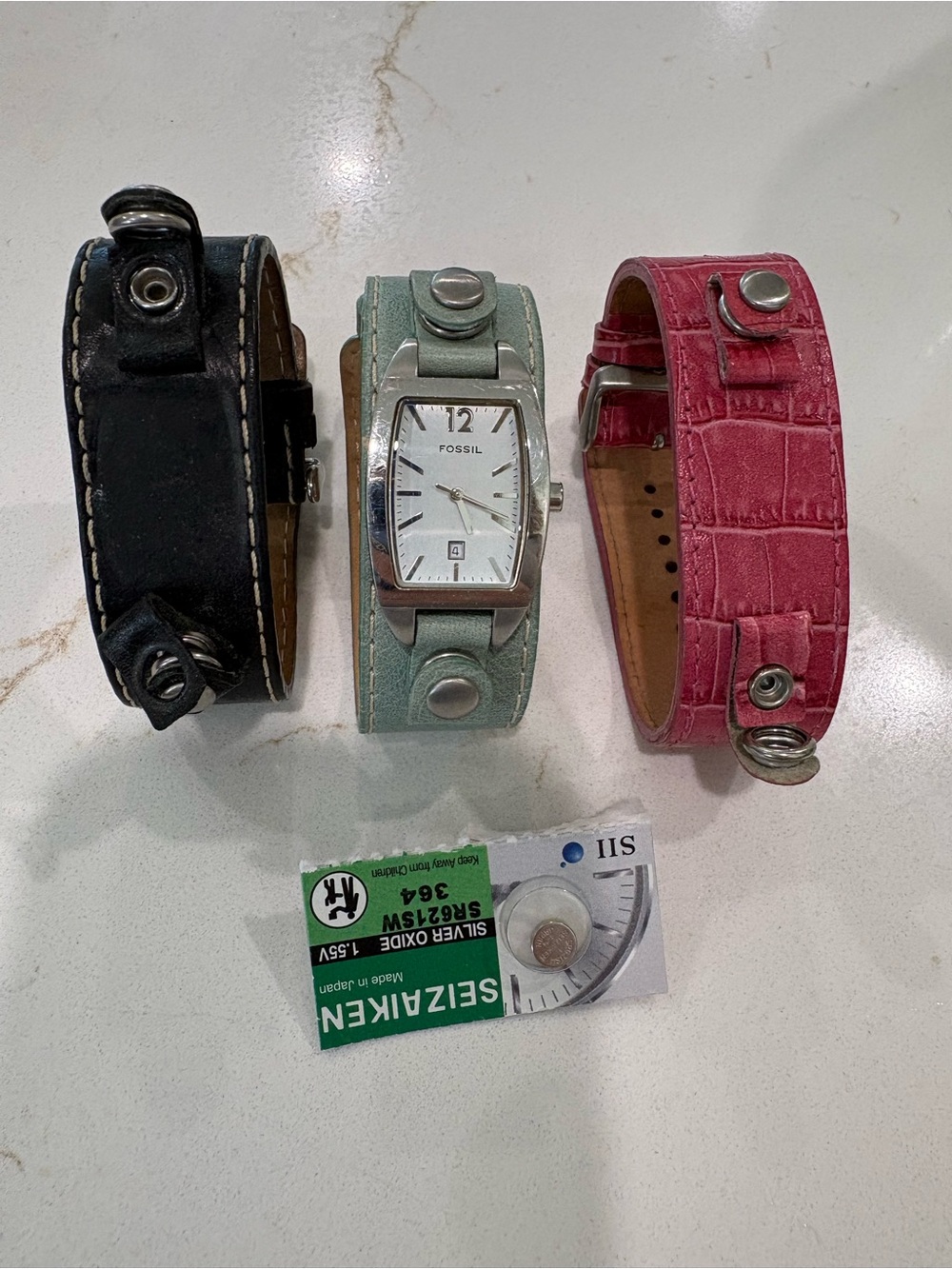 Fossil Silver Dial Watch with Green Leather Cuff Strap